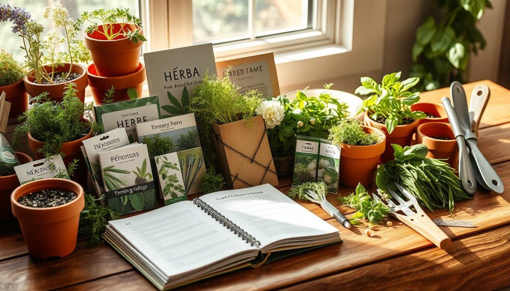 A neatly organized assortment of seasonal herb gardening resources, including terracotta pots, seed packets, gardening tools, and a notebook on a wooden surface. Soft natural light illuminates the display, creating a warm, rustic ambiance. The arrangement is visually appealing, hinting at the wealth of knowledge and practical guidance available for novice herb gardeners. The overall mood is one of tranquility, inviting the viewer to explore the joy of cultivating their own seasonal herb garden.