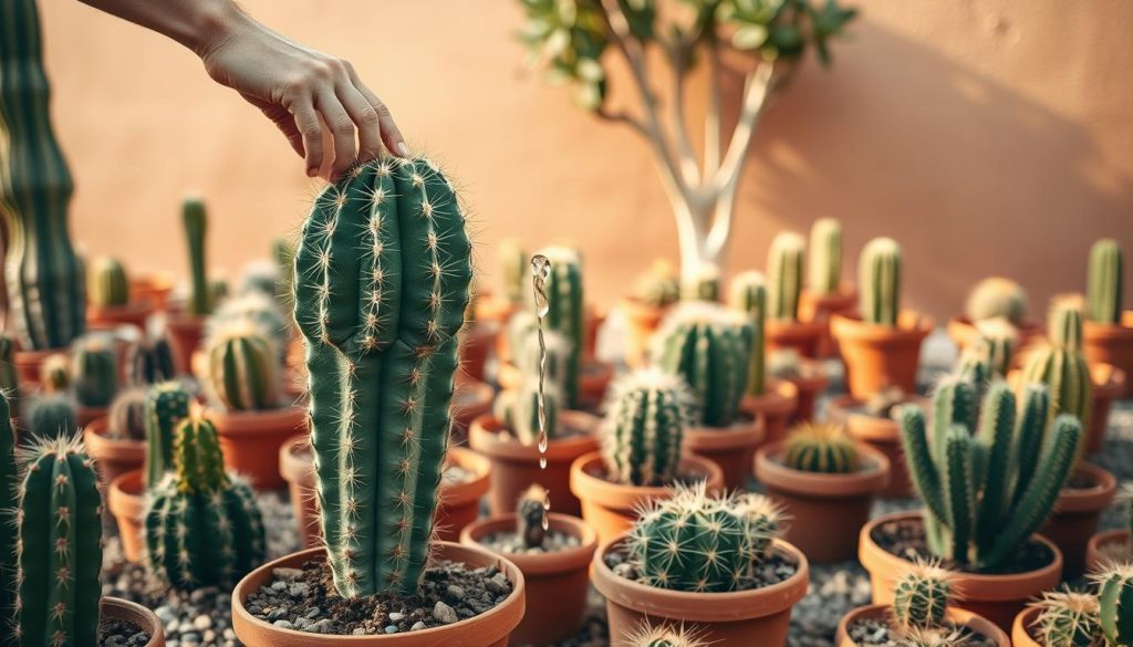 A neatly organized cactus garden under warm, natural lighting. In the foreground, a gardener's hands delicately watering a thriving barrel cactus, demonstrating the proper technique of slowly pouring water directly into the soil around the base. In the middle ground, various species of cacti in terracotta pots arranged in a visually pleasing manner. The background features a minimalist, earthy-toned wall, complementing the organic nature of the scene. The overall atmosphere conveys a sense of calm, attentive care and expertise in cactus cultivation.