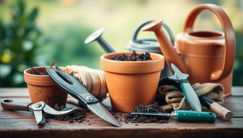 A neatly organized collection of essential gardening tools for container gardens, artfully arranged on a wooden table. In the foreground, a pair of pruning shears, a small trowel, and a hand cultivator sit alongside a terracotta pot filled with fresh soil. In the middle ground, a watering can, a pair of gardening gloves, and a small gardening knife are displayed. The background features a soft, blurred natural setting, with a hint of greenery peeking through, conveying a sense of tranquility and connection to the outdoors. The lighting is soft and diffused, creating a warm, inviting atmosphere that highlights the tools' textures and colors. The overall composition emphasizes the importance of these key tools for successful container gardening.