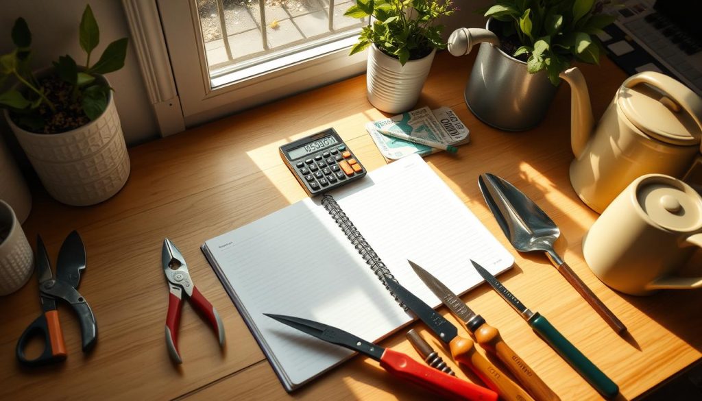 A neatly organized home office desk, with an open notebook, a calculator, and various gardening tools carefully arranged. Sunlight streams in through a nearby window, casting a warm glow on the scene. The tools, such as pruning shears, trowels, and a watering can, are meticulously laid out, suggesting a thoughtful budgeting and planning process. The overall atmosphere is one of focused productivity, with a touch of natural, earthy elements to evoke the gardening theme. The composition is well-balanced, with the tools and accessories occupying the foreground, the notebook and calculator in the middle ground, and the sunlit window in the background, creating a sense of depth and harmony.