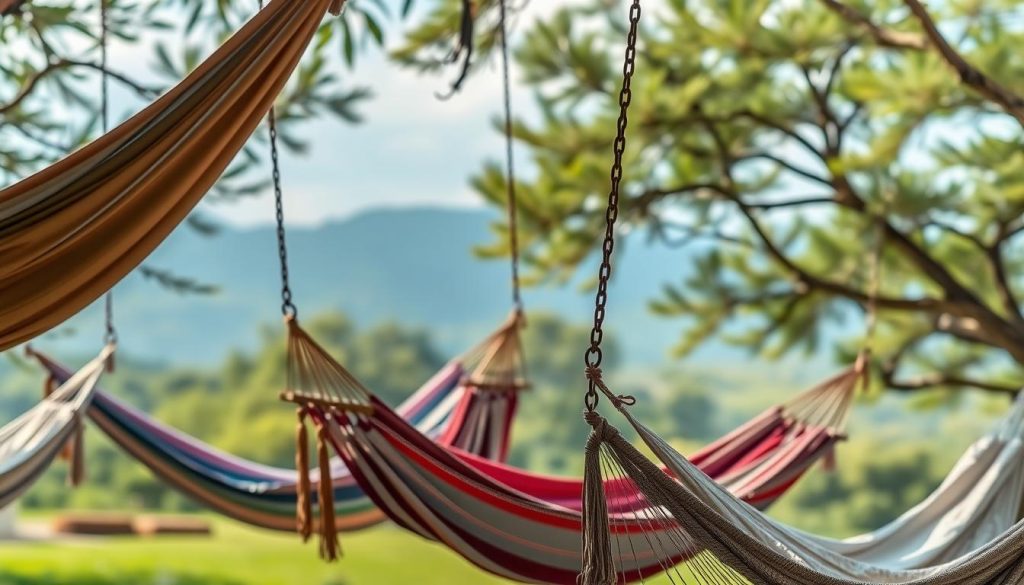 A picturesque scene of the top hammock swing brands displayed in a serene outdoor setting. In the foreground, a collection of high-quality hammocks in various colors and textures hang invitingly, their gentle sways captured in a soft, diffused light. In the middle ground, a lush, verdant landscape with swaying trees and a calming, azure sky provides a natural backdrop. The composition is balanced, with the hammocks taking center stage, showcasing their craftsmanship and quality. The overall mood is one of tranquility and relaxation, inspiring the viewer to imagine themselves swinging gently in these premium hammock swings.