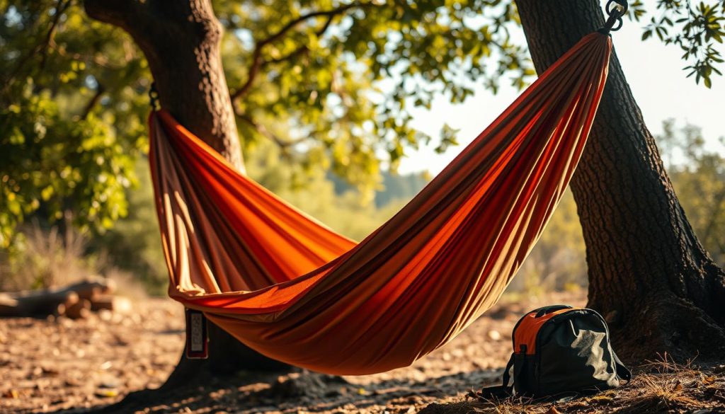 A portable hammock suspended between two trees, its fabric gently swaying in a warm, gentle breeze. The hammock's sturdy, weather-resistant material is highlighted, showcasing its durable construction and ability to withstand outdoor elements. Nearby, a small backpack or storage bag is placed, indicating the hammock's compact and easy-to-carry design. The scene is bathed in soft, natural lighting, creating a serene and inviting atmosphere, perfect for lounging and relaxation. The overall composition emphasizes the hammock's key features: portability, durability, and the sense of tranquility it provides in an outdoor setting.