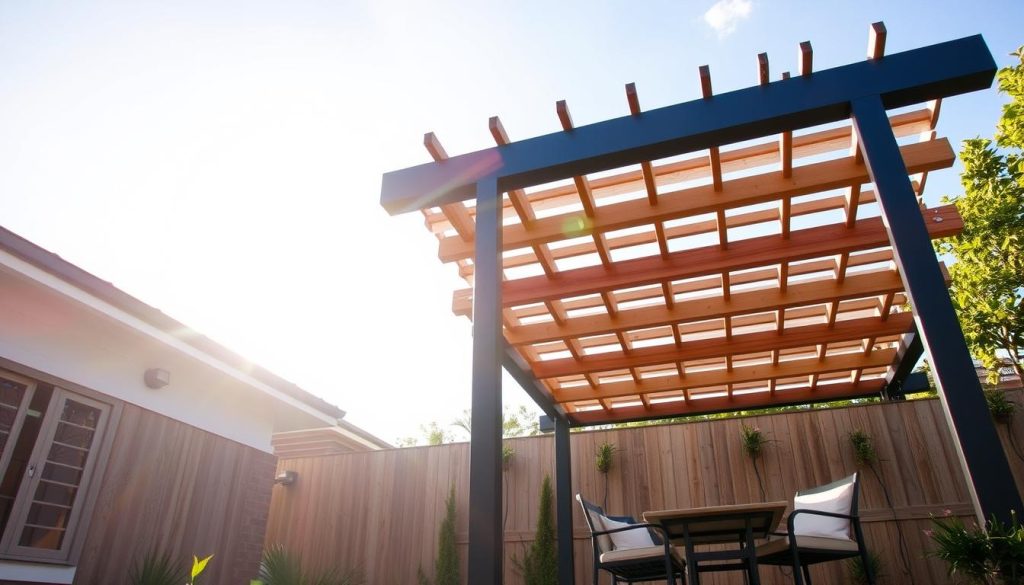 A pristine modern pergola, its sleek wood beams and sturdy steel frame standing in contrast to a hastily constructed DIY structure beside it. Sunlight filters through the latticed overhead, casting a warm glow on the neatly arranged patio furniture. The professional installation exhibits precise craftsmanship, while the amateur attempt appears uneven and haphazard. The scene conveys the stark difference in quality, durability, and aesthetic appeal between a professionally-designed outdoor living space and a homemade solution. Captured from a low angle, the image emphasizes the grand, elevated presence of the expertly-built pergola.