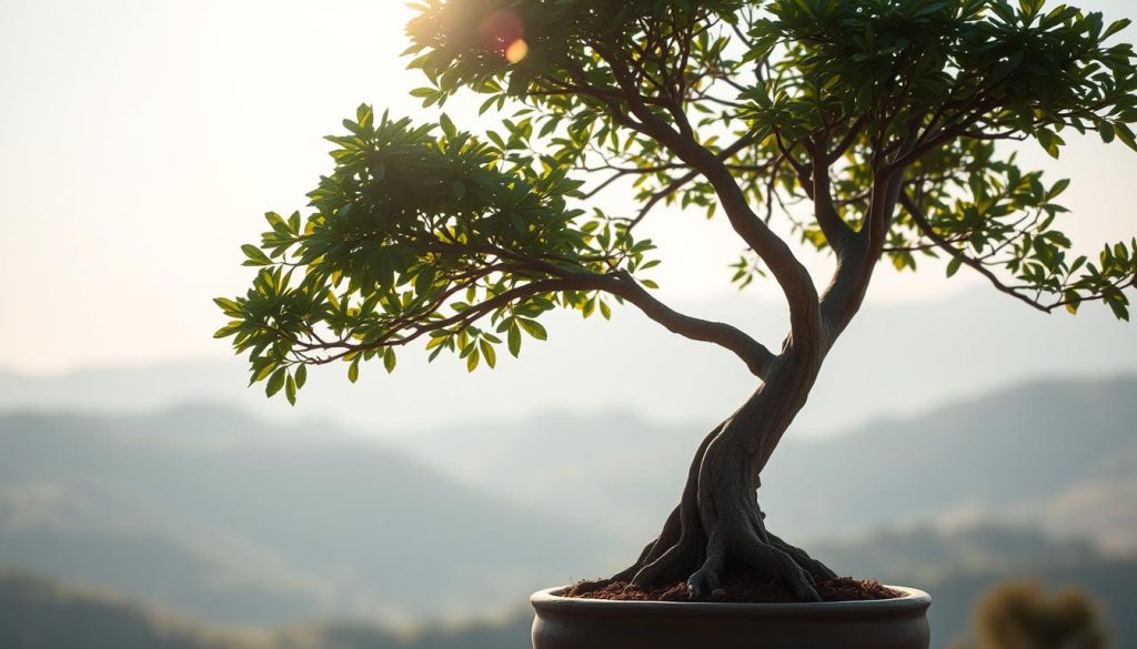 A serene and tranquil bonsai tree, its delicate branches meticulously pruned and shaped, stands as a testament to the art of long-term care. Sunlight filters through the lush foliage, casting a warm glow over the intricate details of the bark and the miniature leaves. The tree is planted in a simple, yet elegant ceramic pot, its roots delicately intertwined within the soil. In the background, a soft, blurred landscape of rolling hills and distant mountains creates a calming, contemplative atmosphere, hinting at the tree's enduring presence and the patient cultivation required to maintain its perfect form. The image evokes a sense of harmony, balance, and the timeless beauty of nature's finest creations.