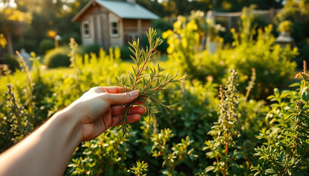 A serene garden scene captures the essence of seasonal herb harvesting. In the foreground, a skilled gardener's hands gently pluck fragrant rosemary sprigs, showcasing the delicate technique. The middle ground reveals an abundance of lush, vibrant herbs – thyme, basil, and oregano – each awaiting their turn to be carefully tended. Warm, golden sunlight filters through the verdant foliage, casting a soft, natural glow. In the background, a rustic wooden shed serves as a peaceful backdrop, hinting at the bounty yet to be gathered. The overall atmosphere is one of tranquility, inviting the viewer to immerse themselves in the therapeutic rhythm of herb harvesting.
