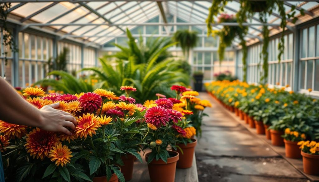 A serene greenhouse interior, bathed in warm, diffused natural light filtering through large windows. In the foreground, a gardener's hands tenderly tending to an array of vibrant, seasonal flowers - chrysanthemums, dahlias, and marigolds - arranged in terra cotta pots. The middle ground reveals lush greenery of ferns and trailing vines, while the background showcases orderly rows of flowering plants awaiting their turn for care. The overall scene conveys a sense of tranquility and reverence for the seasonal beauty of nature, inviting the viewer to discover the techniques required to maintain such a verdant indoor oasis.