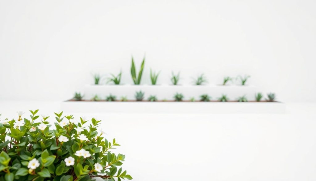 A serene modern minimalist flower bed design set against a clean, white backdrop. In the foreground, a low-growing perennial plant with delicate white blooms and lush green foliage fills the frame, its natural curves and textures contrasting with the crisp, geometric layout. The middle ground features a carefully curated arrangement of similarly styled plants in a harmonious color palette, their forms and placements intentionally balanced. The background is a plain, bright white surface, allowing the simplicity and elegance of the flower bed design to shine. The lighting is soft and diffused, highlighting the natural textures and colors. Overall, the scene evokes a sense of tranquility, sophistication, and a appreciation for the beauty of minimalist design.