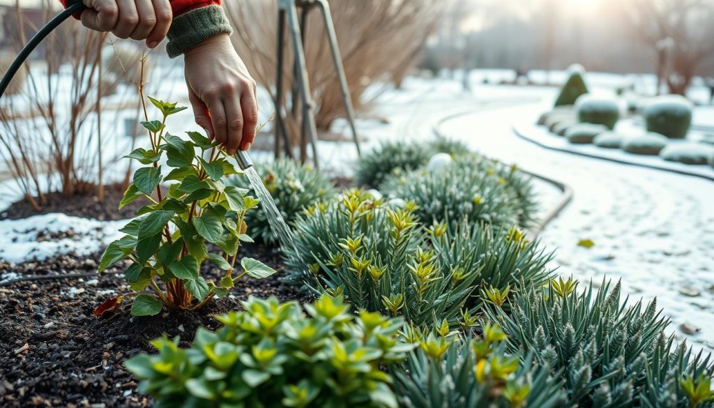 A serene winter garden scene, bathed in soft, diffused natural light filtering through an overcast sky. In the foreground, a gardener carefully waters delicate plants, their hands gently applying moisture to the soil around the base of the leafy foliage. The middle ground showcases a variety of hardy winter plants, their vibrant colors and textures contrasting against the muted tones of the dormant vegetation. In the background, a well-maintained garden path winds through a landscape of snow-capped garden beds and neatly pruned shrubs, creating a sense of tranquility and purpose. The overall atmosphere evokes a peaceful, contemplative mood, emphasizing the importance of attentive, thoughtful watering practices during the winter months.
