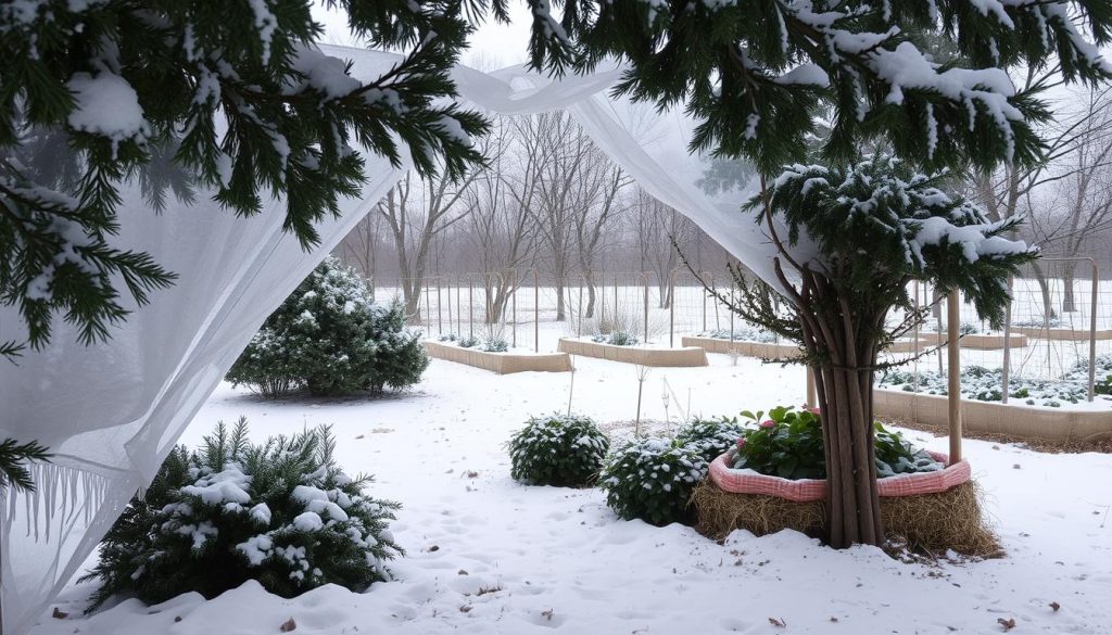 A snowy winter garden, soft light filtering through delicate ice crystals. In the foreground, evergreen boughs draped with translucent tarps, creating a cozy sheltered zone. Clusters of hardy plants nestled beneath, protected from the biting cold. In the middle ground, raised garden beds covered in insulating layers of straw and burlap, their contents slumbering safely. Beyond, a backdrop of bare deciduous trees, their graceful silhouettes etched against a pale grey sky. An atmosphere of quiet solitude, a sanctuary for tender greenery weathering the winter season.