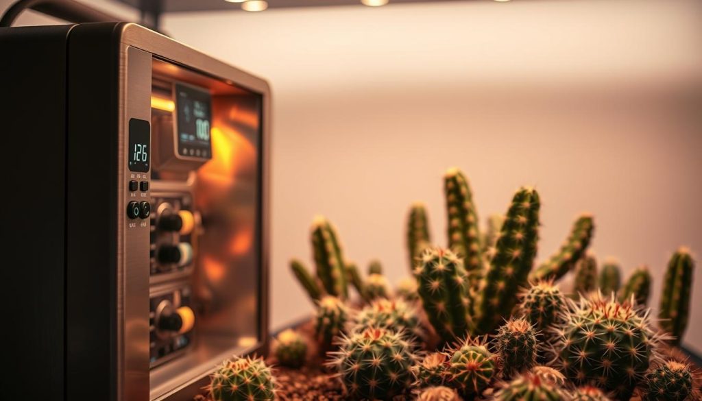 A striking image of a cactus terrarium showcasing its internal temperature and humidity control mechanisms. In the foreground, a sleek, modern-looking device with digital displays and intuitive controls dominates the scene. Its metallic casing reflects the warm, diffused lighting, creating a sense of technological sophistication. In the middle ground, lush, vibrant cactus plants thrive, their unique shapes and textures capturing the viewer's attention. The background is a minimalist, neutral-toned setting, allowing the terrarium and its components to take center stage. The overall composition conveys a harmonious balance between nature and technology, hinting at the precise environmental management required for successful cactus propagation.