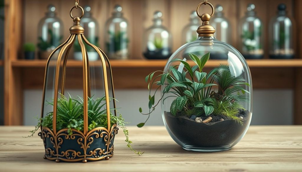 A striking, photorealistic image of a terrarium placement guide, shot with a shallow depth of field and soft, diffused lighting. In the foreground, an ornate, antique brass terrarium frame holds a lush, miniature indoor garden, its vibrant greenery contrasted by the warm, burnished metal. The middle ground features an open terrarium with a variety of tropical plants cascading over the edges, their leaves and vines gently swaying. In the background, a well-lit wooden shelf showcases a selection of closed terrariums in varying shapes and sizes, their glass facades reflecting the ambient light. An atmosphere of tranquility and attention to detail pervades the scene, inviting the viewer to imagine the perfect placement for their own terrarium oasis.