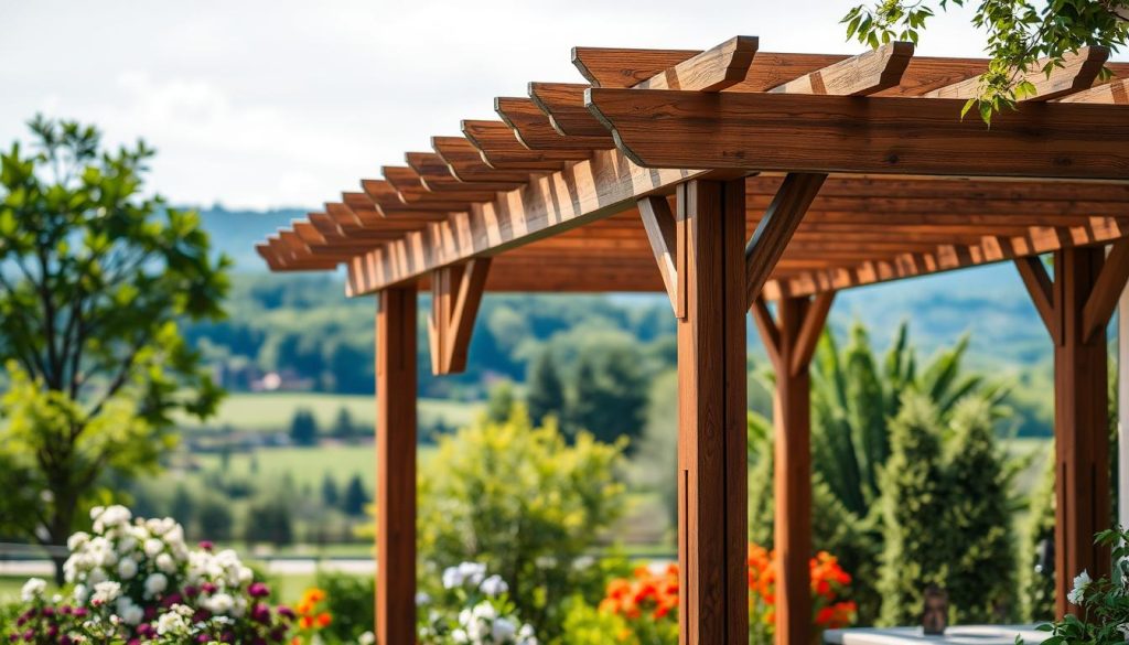 A stunning pergola design with various customizable options, showcased in a beautifully lit outdoor setting. The foreground features a well-crafted wooden pergola structure with intricate lattice patterns and decorative support beams. In the middle ground, lush greenery and blooming flowers surround the pergola, creating a serene and inviting atmosphere. The background captures a picturesque landscape, perhaps a tranquil garden or a scenic vista, enhancing the overall ambiance. The lighting is soft and warm, casting gentle shadows and highlighting the natural textures of the materials. The angle captures the pergola from a slightly elevated perspective, allowing the viewer to appreciate the full scope of the customizable design.