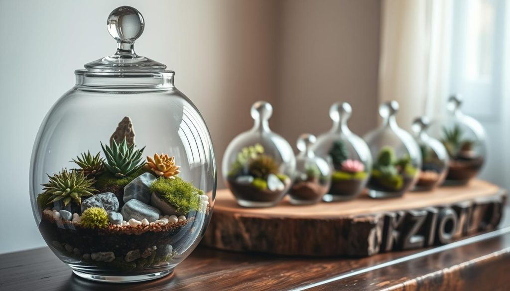 A stunning terrarium display featuring a variety of personalized miniature landscapes. In the foreground, an elegant glass terrarium showcases a lush garden oasis with diverse succulents, mosses, and intricate stone elements. In the middle ground, a collection of unique terrarium vessels in various shapes and sizes sit atop a rustic wooden surface, each containing its own meticulously curated microcosm. The background is softly lit, creating a warm, tranquil atmosphere that invites the viewer to imagine the terrarium as a thoughtful, one-of-a-kind gift. Subtle shadows and natural textures add depth and dimension to the scene, capturing the essence of these personalized terrarium creations.