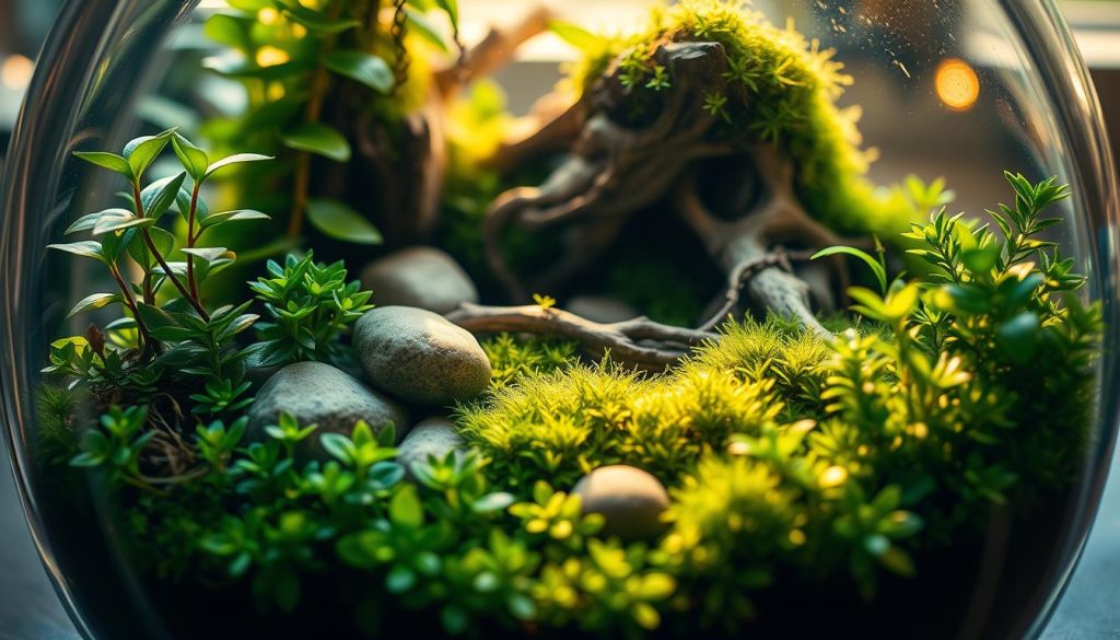 A stunning terrarium filled with lush, verdant foliage in natural lighting. The foreground features a variety of vibrant, miniature plants delicately arranged in a glass container, creating a captivating, three-dimensional display. The middle ground showcases a serene, earthy tableau with smooth stones, driftwood, and cascading moss, evoking a sense of tranquility. The background subtly suggests a warm, golden glow, casting a soft, ambient light that enhances the overall natural and harmonious composition. The entire scene exudes a sense of creativity, inviting the viewer to explore the endless possibilities of terrarium design.
