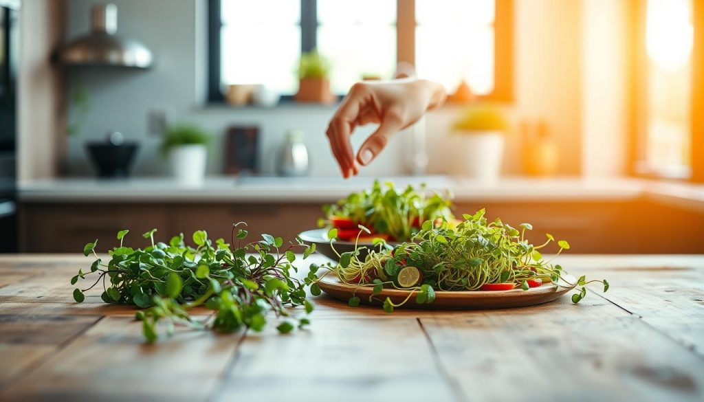 A stylish, modern kitchen with a wooden table in the foreground, featuring an assortment of fresh microgreens arranged artfully. In the middle ground, a chef's hand delicately arranges the microgreens atop a dish, showcasing their culinary versatility. The background features a bright, airy window with natural light streaming in, casting a warm, inviting glow over the scene. The overall composition emphasizes the vibrant colors and delicate textures of the microgreens, highlighting their potential as a creative and flavorful ingredient in high-end cuisine.