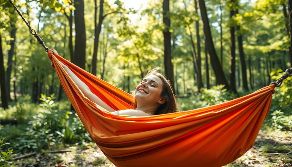 A sun-dappled forest glade, a person lounging peacefully in a vibrant, sturdy portable hammock, gently swaying in the breeze. The hammock's fabric is richly textured, its colors a warm blend of earth tones. The user's expression is one of pure relaxation, eyes closed, a serene smile on their face. Dappled light filters through the lush canopy above, casting a soft, natural illumination. The scene evokes a sense of tranquility and escape, a perfect moment of respite in the great outdoors.