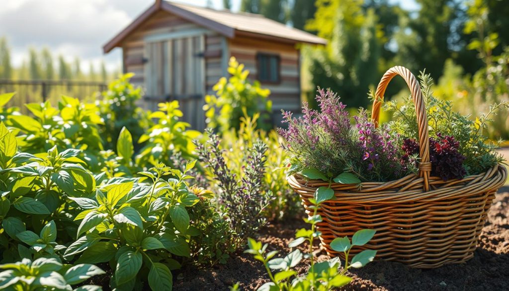 A sun-dappled herb garden, its lush foliage casting a patchwork of shadows on the fertile soil. In the foreground, vibrant basil, thyme, and rosemary plants flourish, their aromatic leaves beckoning. Midground, a woven basket overflows with freshly harvested herbs, their hues ranging from deep green to delicate purple. In the background, a quaint wooden shed stands, its weathered facade suggesting a lifetime of productive bounty. Soft, natural lighting filters through wispy clouds, imbuing the scene with a serene, bucolic charm. The overall composition evokes the bountiful economic benefits of cultivating a thriving, self-sustaining herb garden.