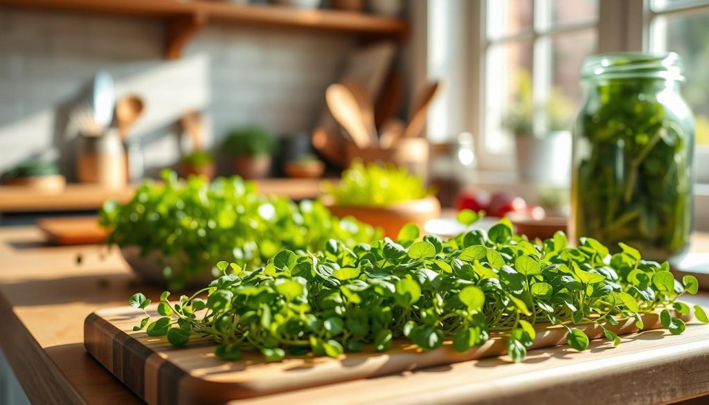 A sun-drenched kitchen counter, adorned with an array of fresh, vibrant microgreens. In the foreground, a wooden cutting board showcases an assortment of these nutrient-dense delights, their delicate leaves and vibrant hues glistening under the warm, natural lighting. In the middle ground, various kitchen utensils and a glass jar filled with microgreens hint at the culinary possibilities. The background features a blurred yet inviting scene, suggesting a healthy, harmonious lifestyle. The overall mood is one of wellness, abundance, and the joy of wholesome, home-cooked meals.