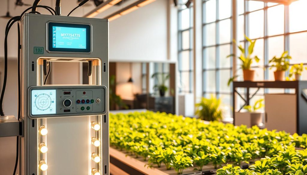 A technologically-advanced hydroponic system stands prominently in the foreground, its sleek metal framework and illuminated control panels showcasing innovative design. In the middle ground, an array of verdant, thriving plants bask in the warm, natural lighting filtering through large windows. The background reveals a modern, minimalist interior, hinting at the cutting-edge research and development taking place. The overall atmosphere conveys a sense of scientific progress, efficiency, and the boundless potential of hydroponic technology to revolutionize sustainable agriculture.