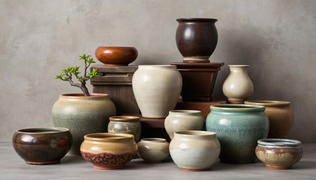 A thoughtfully arranged still life featuring a collection of exquisite ceramic bonsai pots, showcased against a muted, textured backdrop. The pots exhibit a variety of shapes, sizes, and glazes, inviting the viewer to closely examine their intricate details and unique aesthetic qualities. Soft, directional lighting casts gentle shadows, emphasizing the pots' sculptural forms and the subtle nuances of their surfaces. The composition is balanced and visually appealing, allowing the bonsai pots to take center stage as the primary subjects. This image effectively captures the essence of the "Custom vs. Pre-made Bonsai Pots: Pros and Cons" section, providing a visually compelling reference for the article's readers.