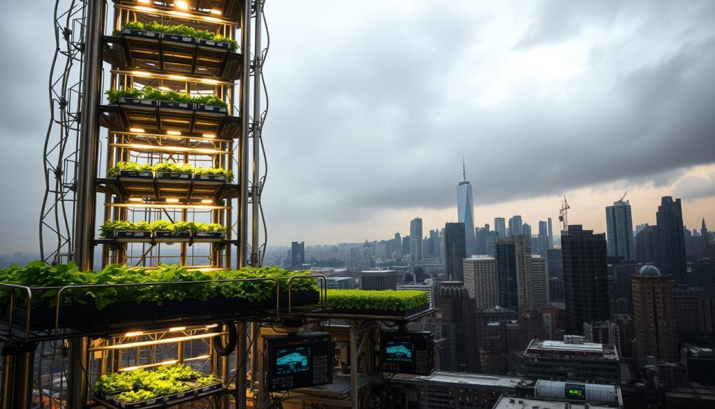 A towering vertical farm structure, its metal and glass facade gleaming under dramatic lighting. In the foreground, intricate hydroponic systems and automated planting mechanisms reveal the technological challenges of indoor food production. The middle ground showcases lush, thriving crops amidst complex control panels and monitoring systems, hinting at the fine balance required. In the background, a gloomy urban skyline highlights the spatial constraints and energy demands that vertical farming must overcome. The scene conveys the substantial engineering, resource, and logistical hurdles that pioneers of this sustainable agriculture revolution must navigate.