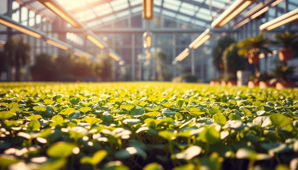A tranquil, sunlit greenhouse filled with lush, verdant organic microgreens thriving in a sustainable hydroponic system. The foreground showcases a variety of delicate seedlings, their vibrant leaves glistening with dewy moisture. In the middle ground, sleek, modern grow lights cast a warm, natural glow, illuminating the verdant scene. The background reveals floor-to-ceiling windows, allowing ample natural light to pour in, complementing the artificial sources. The atmosphere exudes a sense of harmony, where technology and nature coexist in perfect balance, producing a bountiful and environmentally-conscious harvest.