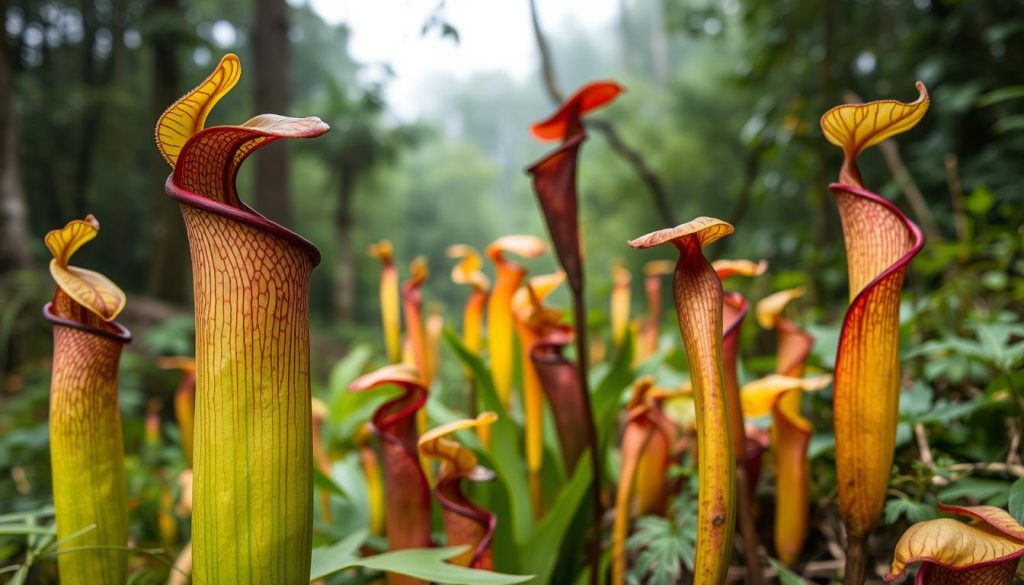 A variety of Sarracenia pitcher plants in a lush, natural setting. In the foreground, vibrant green and purple pitchers stand tall, their intricate venation and delicate structures captured in crisp detail. In the middle ground, additional pitcher plants in shades of red, orange, and yellow add depth and visual interest, their shapes and textures contrasting with the surrounding foliage. The background is a hazy, out-of-focus woodland scene, providing a sense of depth and environment. The scene is illuminated by soft, natural lighting, creating a serene and contemplative atmosphere that highlights the captivating beauty of these carnivorous plants.