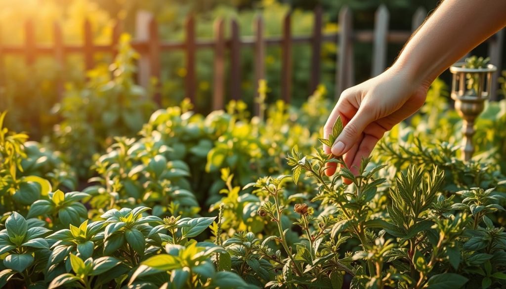 A verdant herb garden with an array of aromatic plants, illuminated by warm, golden-hued natural light. In the foreground, a gardener's hand gently inspects a leaf, scrutinizing for signs of pest infestation. The middle ground showcases a variety of thriving herbs like basil, rosemary, and mint, while the background features a rustic wooden fence and a lush, green backdrop. The overall scene conveys a sense of tranquility and a keen focus on sustainable, natural pest management techniques within a thriving, well-tended herb garden.