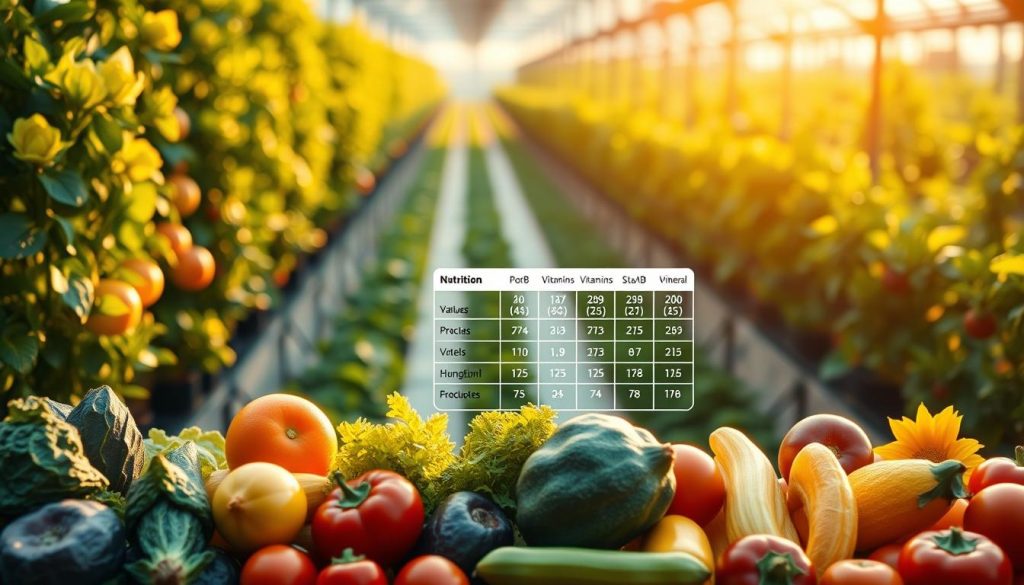 A vibrant, carefully composed image showcasing the nutritional comparison of vertically farmed produce. In the foreground, an assortment of fresh, colorful vegetables and fruits arranged in an elegant grid formation, casting soft, natural shadows. In the midground, a minimalist, white-on-black infographic chart displaying the precise nutrient values, vitamins, and minerals of each item. The background is a serene, blurred vertical farm landscape, with orderly rows of lush, thriving plants bathed in warm, diffused lighting, creating a sense of harmony and abundance. The overall tone is one of scientific clarity, environmental sustainability, and the nutritional superiority of vertically grown produce.