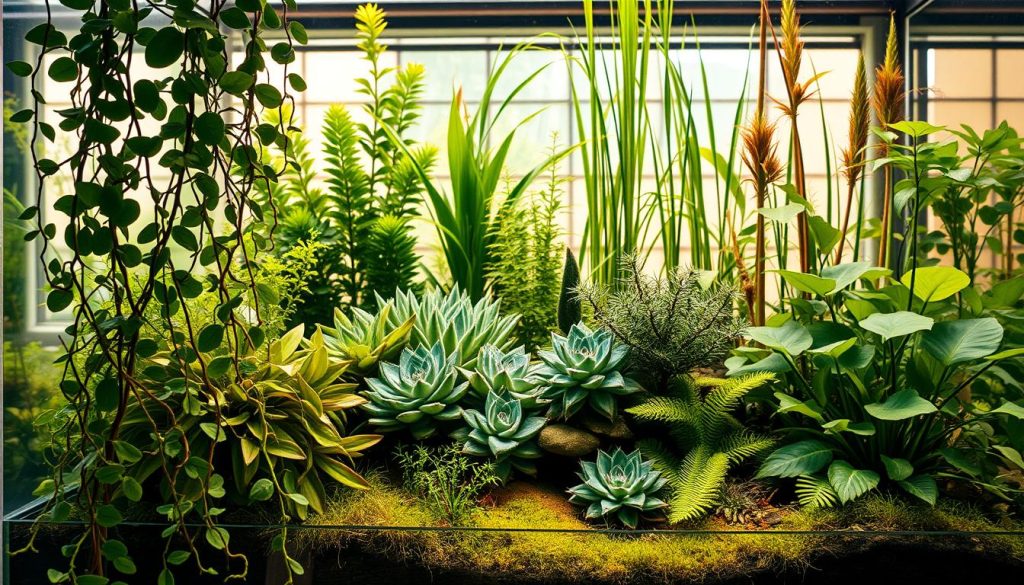 A vibrant open terrarium filled with a lush selection of plants in various shades of green, textures, and sizes. In the foreground, a cluster of trailing vines cascades down the glass walls, their delicate leaves catching the soft, natural light filtering in from above. In the middle ground, a mix of low-growing succulents and ferns nestle together, their unique shapes and patterns creating visual interest. The background features taller, upright plants reaching towards the sky, their slender stems and broad leaves adding depth and dimension to the scene. The lighting is warm and diffused, casting a gentle glow that highlights the vivid colors and brings the terrarium to life. This tranquil, nature-inspired tableau invites the viewer to step closer and immerse themselves in the serene beauty of the open terrarium plant selection.