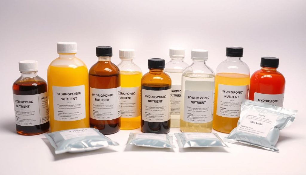 A well-lit close-up shot of an assortment of inexpensive hydroponic nutrient bottles and sachets arranged neatly on a plain white background. The bottles should display simple, minimalist labels indicating a range of essential macro and micronutrients suitable for indoor plant cultivation. The lighting should be soft and diffuse, highlighting the translucent liquid colors and creating subtle reflections on the bottles' surfaces. The overall composition should convey a sense of affordability, practicality, and efficiency, aligning with the "Budget-Friendly Nutrient Options" theme.