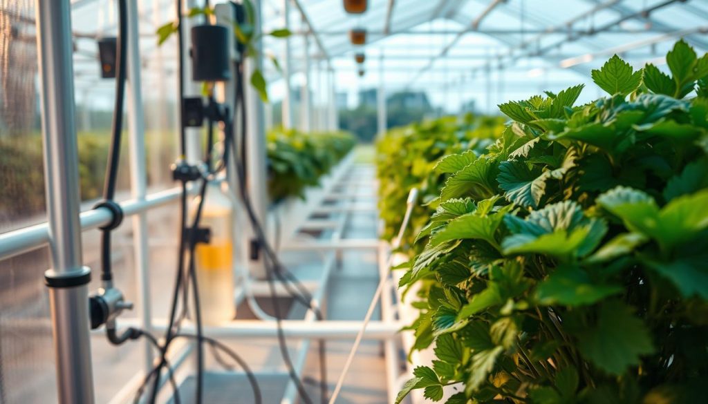 A well-lit, close-up view of a hydroponic system in a greenhouse setting. The foreground features a lush, verdant plant growing in a carefully maintained hydroponics setup, with visible water pipes, nutrient solution, and monitoring equipment. The middle ground shows the intricate network of tubes and wires that regulate the system's water flow, pH levels, and nutrient delivery. In the background, a hazy vista of other thriving hydroponic plants and a glimpse of the greenhouse structure, conveying a sense of scale and the larger context of the hydroponic operation. The lighting is soft and natural, creating a serene, professional atmosphere that emphasizes the importance of meticulous system maintenance for healthy, productive hydroponics.