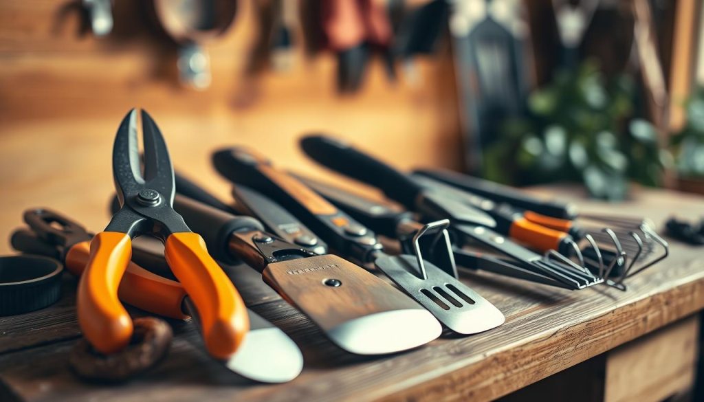 A well-lit, close-up view of a set of ergonomic gardening tools arranged neatly on a wooden workbench. The tools, such as pruning shears, trowels, and hand cultivators, are in pristine condition, gleaming under the warm, diffused lighting. The background is blurred, creating a soft, focus-driven composition that emphasizes the tools' thoughtful maintenance. The overall mood is one of order, care, and attention to detail - reflecting the importance of proper tool upkeep for an elevated outdoor experience.