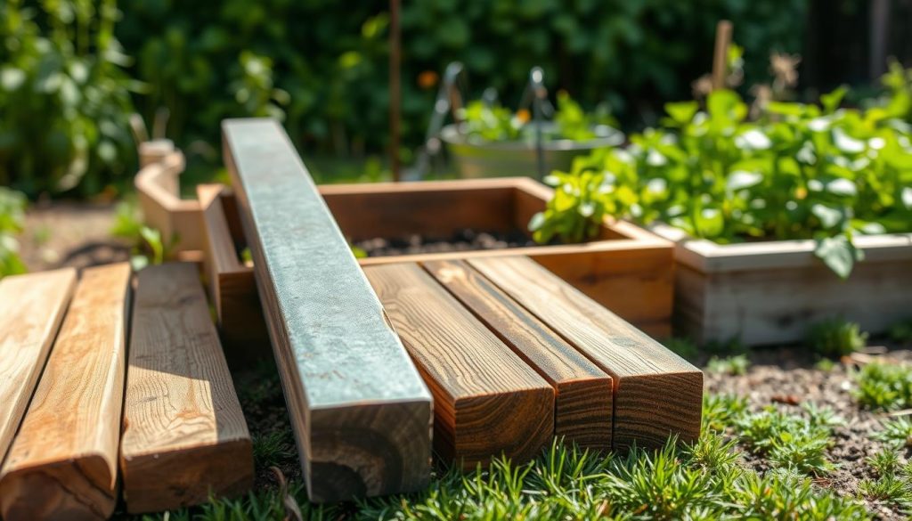A well-lit, high-resolution photograph showcasing a side-by-side comparison of various raised bed materials. In the foreground, wooden planks, galvanized steel, and composite lumber lie neatly arranged, their textures and colors contrasting against a lush, verdant background. Midground features a carefully constructed raised bed made from the featured materials, highlighting their durability and aesthetic appeal. The background depicts a thriving vegetable garden, creating a cohesive scene that illustrates the practical and visual benefits of using these materials for raised bed gardening. The image is captured with a shallow depth of field, emphasizing the materials' intricate details and inviting the viewer to closely examine each option.