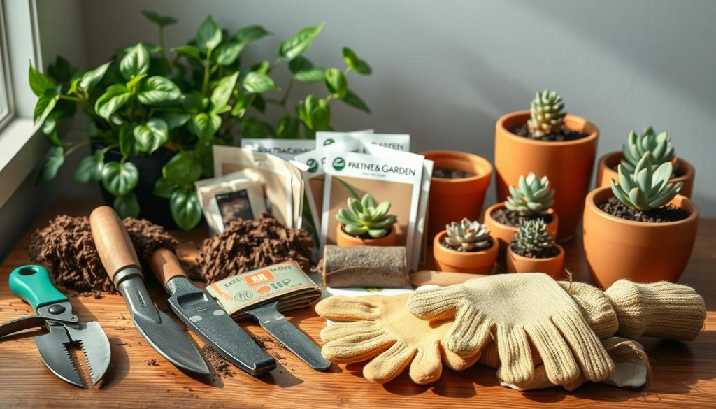 A well-lit, neatly arranged still life showcasing an assortment of tools and supplies essential for apartment gardening. In the foreground, a variety of hand tools, such as pruning shears, trowels, and gardening gloves, are positioned on a wooden surface. The middle ground features a selection of potting soil, seed packets, and small plant pots in earthy tones. In the background, a lush green houseplant and a couple of succulents in ceramic planters create a sense of a thriving indoor garden. The lighting is soft and natural, casting gentle shadows and highlighting the textures of the materials. The overall composition conveys a sense of organization, efficiency, and the joy of cultivating a green oasis within the confines of an apartment.