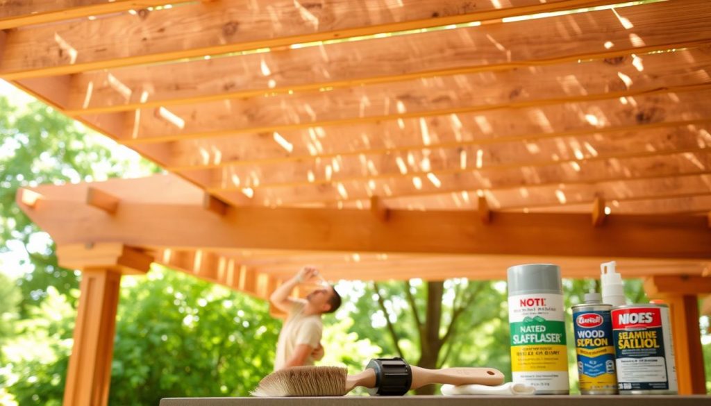 A well-maintained, sun-dappled pergola set against a backdrop of lush greenery. In the foreground, a person carefully inspects the wooden beams, checking for any signs of weathering or damage. The middle ground showcases various pergola maintenance tools, including a scrub brush, sandpaper, and a can of wood sealant. Soft, warm lighting filters through the overhead slats, creating a serene, inviting atmosphere. The scene conveys the importance of regular upkeep to ensure the long-term vibrancy and structural integrity of this outdoor living space.