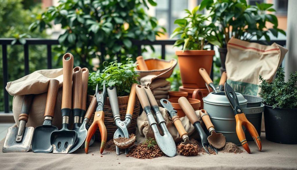 A well-organized display of essential urban gardening tools set against a soft, natural backdrop. In the foreground, a variety of hand tools like trowels, pruners, and hand cultivators are arranged neatly. In the middle ground, potting soil bags, plant pots, and a watering can create a sense of practical function. The background features lush greenery, perhaps a glimpse of a balcony railing or urban skyline, conveying a serene, eco-friendly ambiance. Muted, earthy tones predominate, with soft, diffused lighting illuminating the scene. An intimate, thoughtfully curated composition that captures the spirit of cultivating a thriving balcony garden.