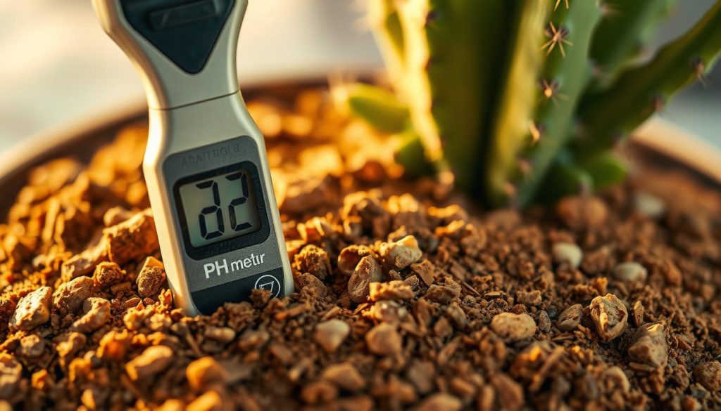 Cactus soil pH measurement: a close-up view of a pH meter probing the sandy, well-draining soil of a potted cactus plant. The soil is a rich, earthy brown hue, with small pebbles and organic matter visible. Warm, directional lighting casts dramatic shadows, highlighting the textural details of the soil. The pH meter's digital display is clearly visible, indicating the slightly alkaline nature of the cactus-friendly substrate. The potted cactus is blurred in the background, its green, succulent leaves adding a complementary pop of color. The overall composition emphasizes the importance of accurately measuring soil pH for optimal cactus health and growth.