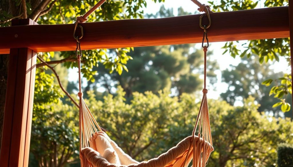 Detailed step-by-step guide for installing a hammock swing chair. A wooden beam or sturdy tree branch stands tall in the center, with hanging ropes and carabiners suspending a plush, woven hammock chair. Soft, diffused sunlight filters through lush greenery, casting gentle shadows. The chair sways gently in the breeze, inviting relaxation. Strategic camera angles showcase the installation process, with a focus on the key hardware components and connection points. Warm, earthy tones create a serene, naturalistic ambiance, perfectly suited for an outdoor oasis.