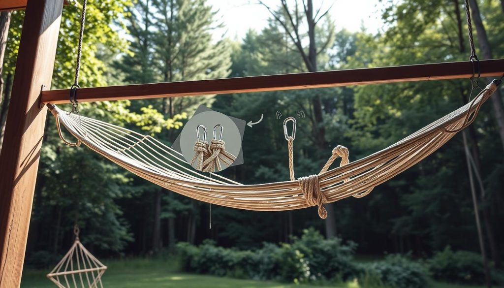 Detailed technical illustration of a hammock swing installation guide. Crisp and clean foreground depicts a hammock frame with sturdy wooden beams and metal attachment points. Middle ground showcases the process of securing ropes and carabiners, with a focus on correct knot-tying techniques. Soft, natural background features lush greenery and a serene forest setting, conveying a tranquil, relaxing atmosphere. Bright, directional lighting from the left illuminates the scene, creating dimensional shadows and highlights. Captured with a wide-angle lens to provide a comprehensive view of the installation steps. The overall mood is informative, educational, and inviting, inspiring the viewer to set up their own relaxing hammock swing retreat.