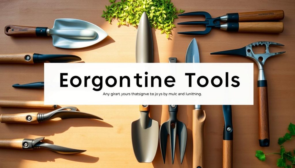 Ergonomic gardening tools arranged in a visually appealing layout, highlighting their unique features and benefits. The tools are depicted in a warm, natural lighting, casting soft shadows that accentuate their organic shapes and textures. The foreground showcases the tools' ergonomic grips, adjustable heads, and innovative designs. The middle ground features a lush, verdant background, suggesting the tools' intended use in a thriving garden. The overall composition conveys a sense of harmony, efficiency, and the joys of gardening with tools that prioritize user comfort and functionality.