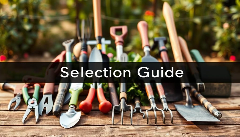 Gardening tools selection guide, arranged on a rustic wooden table. Foreground features hand tools like pruners, trowel, and cultivator, displayed in an organized manner. Middle ground showcases larger tools like a spade, rake, and hoe, each with distinct designs. Background blurs into a natural setting, hinting at a lush garden backdrop. Warm, even lighting illuminates the scene, casting subtle shadows to accentuate the textures and shapes of the tools. The overall mood is one of functionality and practicality, inspiring the viewer to select the right tools for their gardening needs.