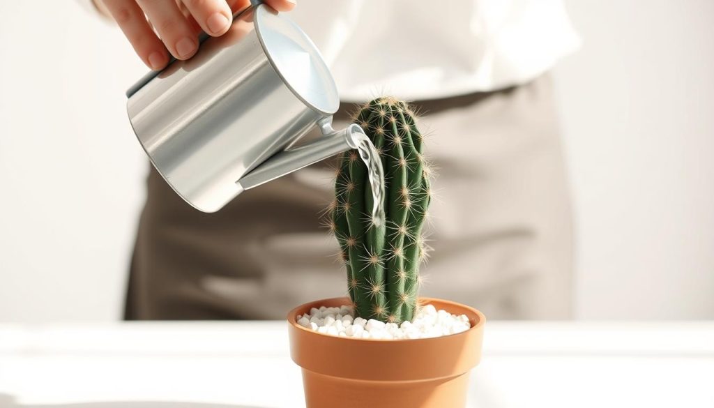 High-quality photograph of a person carefully watering a potted cactus plant, set against a clean, bright background. Soft, diffused natural lighting illuminates the scene, highlighting the plant's distinct spines and the person's gentle, attentive movements. The composition places the cactus in the center, filling the frame, with the person's hands gently pouring water from a small watering can. The overall mood is one of tranquility and attention to detail, capturing the essence of proper cactus care.
