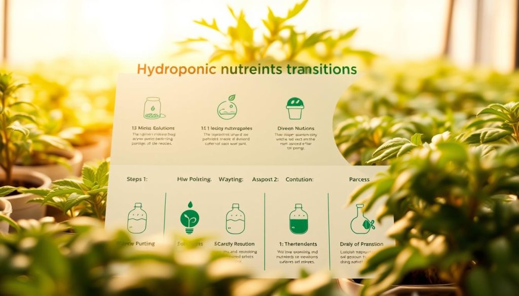 Hydroponic Nutrients Transition Guide - A vibrant, informative infographic showcasing the key steps in transitioning to hydroponic nutrient solutions. A clean, modern layout with neutral tones of green, white, and blue. Minimal yet impactful icons and diagrams illustrate the process, complemented by clear, concise text. Warm, natural lighting casts a soft glow, conveying an educational yet approachable atmosphere. The composition is balanced, with the foreground elements drawing the eye while the background maintains visual interest. An educational resource designed to guide indoor gardeners through the transition to thriving hydroponic plant growth.