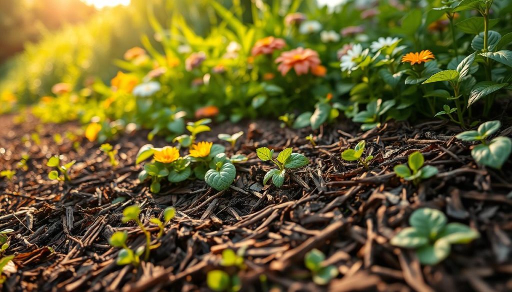 Lush, verdant garden bed with healthy, thriving plants. In the foreground, a close-up view of a thick layer of organic mulch, its shredded dark brown bark glistening with moisture. Layers of mulch surround the base of plants, keeping weeds at bay. Mid-ground, a mix of leafy greens and colorful flowers, their petals swaying gently in a soft breeze. Background filled with a blurred expanse of vibrant greenery, hinting at the abundant life within the well-maintained garden. Warm, golden afternoon sunlight filters through the foliage, casting a serene, natural glow over the scene. Crisp, high-resolution image captured with a wide-angle lens to showcase the full depth and scale of the mulched garden.