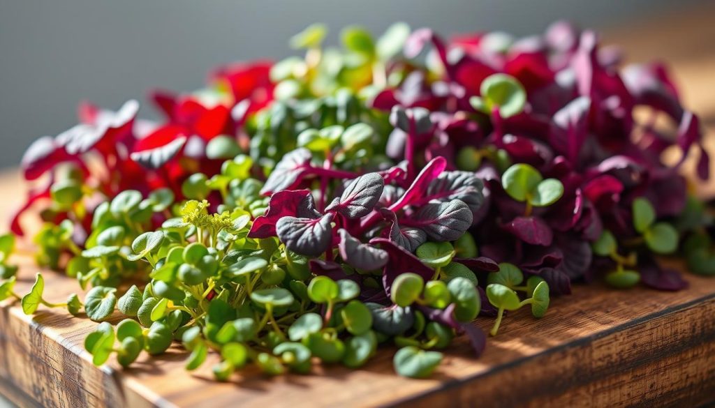 Microgreens Culinary Uses: a crisp, vibrant close-up of an assortment of freshly harvested microgreens on a rustic wooden cutting board, backlit by soft natural lighting that accentuates their delicate textures and vivid colors - ruby red chard, emerald kale, bright purple cabbage, and golden mustard greens. The greens are arranged in a visually appealing manner, suggesting their diverse culinary applications, from garnishing elegant plates to adding nutrient-dense flavor and crunch to salads, sandwiches, and stir-fries. The overall scene conveys the versatility and premium quality of these miniature powerhouse plants, capturing their appeal as a gourmet kitchen ingredient.