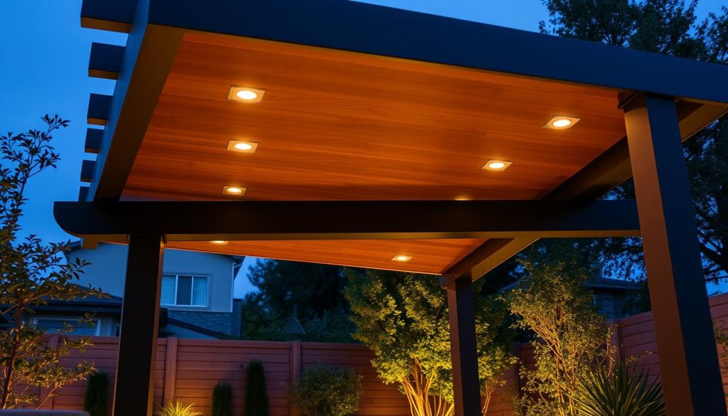 Prompt A sleek, modern pergola adorned with integrated smart home technology, its clean lines and smart sensors blending seamlessly into the carefully curated backyard landscape. Warm, soft lighting emanates from concealed fixtures, creating a cozy ambiance. Discreet touchpads and voice controls allow for effortless adjustment of lighting, temperature, and even connected outdoor entertainment systems. The pergola's sturdy, customized frame casts gentle shadows, complementing the lush greenery and natural textures surrounding it. A tranquil scene of high-tech meets high-design, inviting relaxation and sophisticated outdoor living.