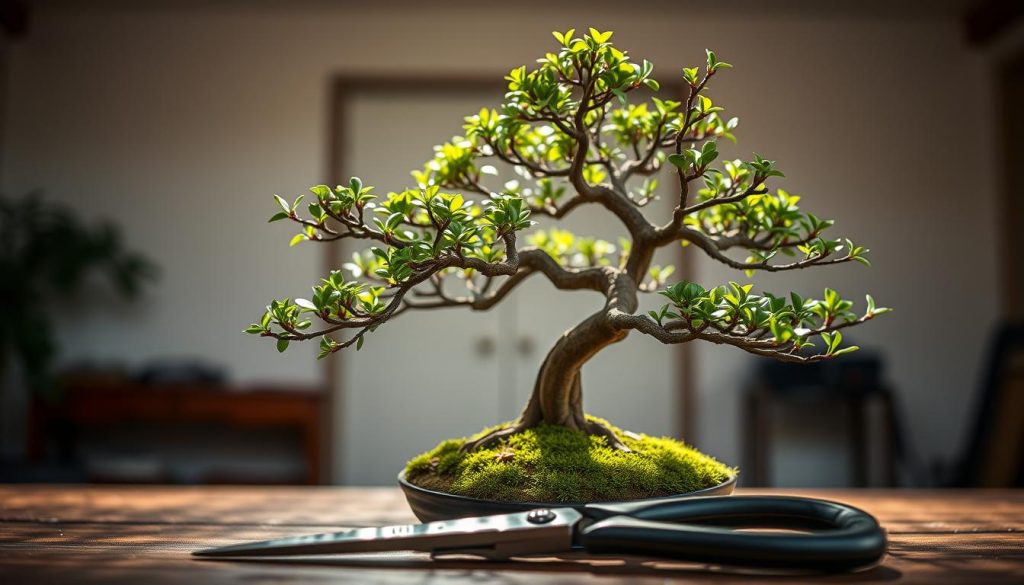 Seasonal Bonsai Styling Techniques: A serene, close-up view of a meticulously pruned bonsai tree in an indoor studio setting. The bonsai's branches are arranged in a harmonious, asymmetric form, reflecting the natural growth patterns of the plant. Soft, diffused lighting illuminates the delicate foliage, casting gentle shadows that accentuate the tree's intricate structure. In the foreground, a pair of pruning shears rests on a wooden surface, hinting at the skilled techniques required to shape and maintain the bonsai. The background is blurred, creating a sense of focus and emphasizing the captivating details of the bonsai's seasonal styling.
